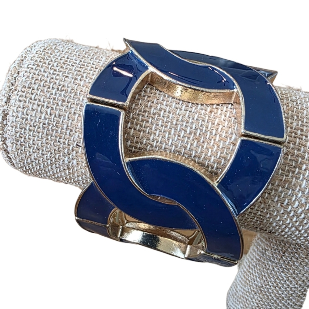 Chunky Cobalt Blue Enamel & Gold Interlocking Link Stretch Bracelet